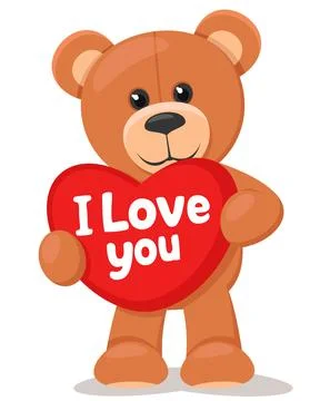 Teddy bear with a heart in his hands stands on a white background. Soft toy Stock Illustration