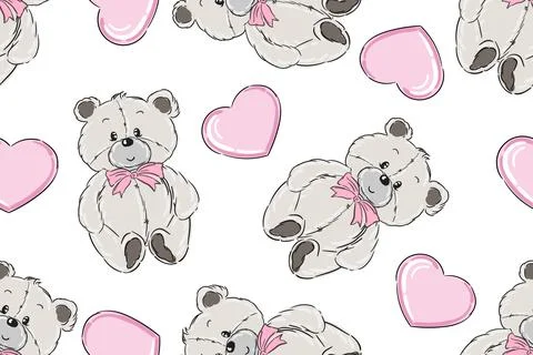 Teddy bear with hearts vector seamless background Stock Illustration