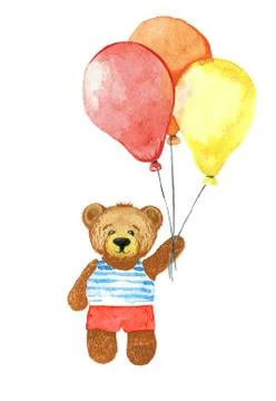 Teddy bear hold bunch of balloons. Watercolor illustration. Stock Illustration