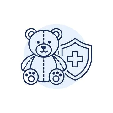 Teddy bear icon with medical shield and cross symbol, representing child he.. Stock Illustration