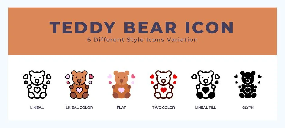 Teddy bear icon set. outline. glyph black. flat color and filled line color Stock Illustration