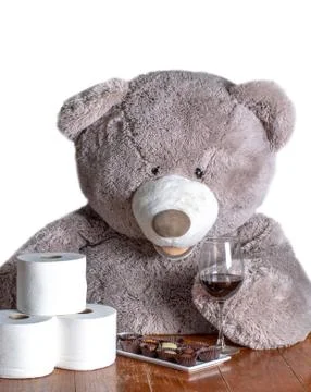 Teddy bear with isolation essentials for covid-19 Stock Photos