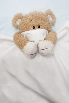 Teddy Bear Laying in Bed Foto stock