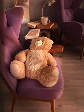 Teddy bear lying on a chair inside the house (2) Stock Photos
