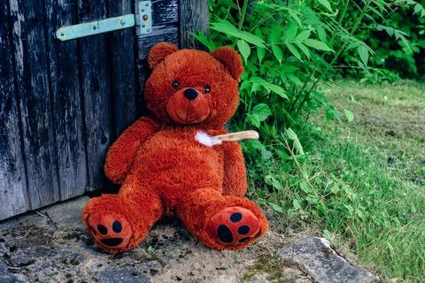 Teddy bear lying on the floor destroyed with a knife Foto stock