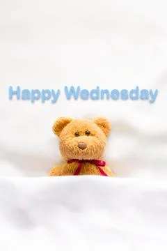 Teddy Bear lying in the white bed with message " Happy Wednesday"  Stock Photos