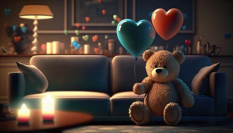 Teddy bear with a magic heart and a balloon, candle, magic shiny background in Stock Illustration