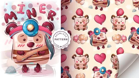 Teddy bear miner - seamless pattern Stock Illustration