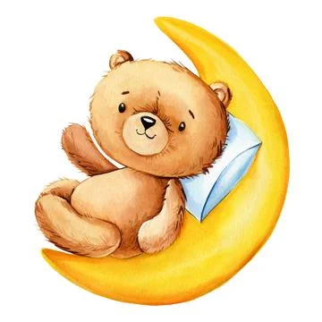 Teddy bear on the moon on isolated white background Watercolor hand drawn Stock Illustration