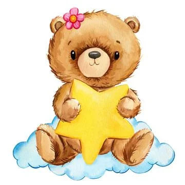 Teddy bear on the moon on isolated white background Watercolor hand drawn Stock Illustration