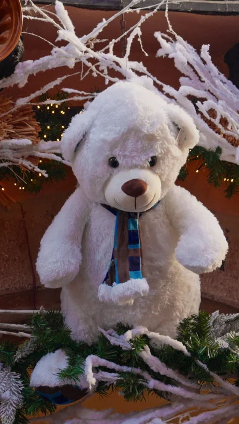Teddy bear ornament closeup. Teddy bear ornament on christmas tree. Christmas Stock Footage 323189353