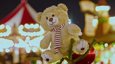 Teddy bear ornament closeup. Teddy bear ornament on christmas tree. Christmas Stock Footage 323190779