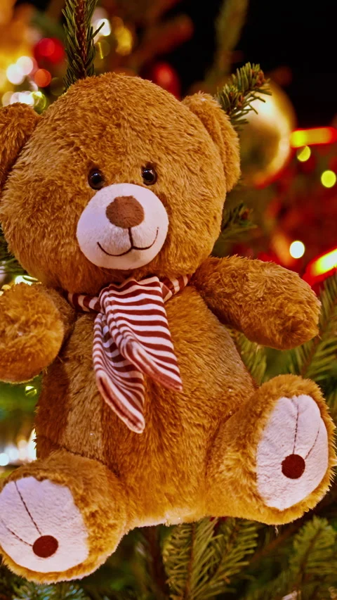 Teddy bear ornament closeup. Teddy bear ornament on christmas tree. Christmas Stock Footage 324699160