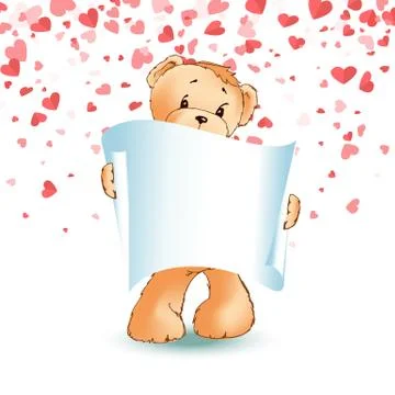 Teddy Bear, Paper Scroll in Paw Vector Isolated Stock Illustration
