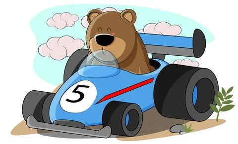 The teddy bear participates in formula 1 and is the leader among all Stock Illustration