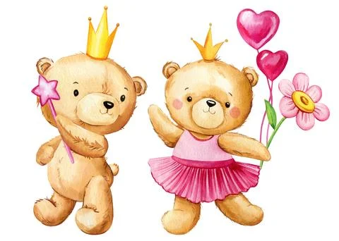 Teddy bear princess on isolated background. Watercolor hand drawn illustration Stock Illustration