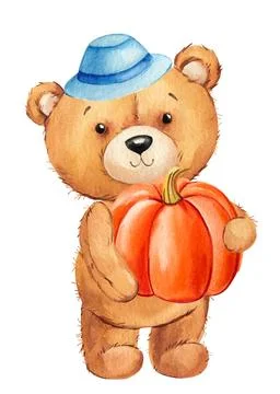 Teddy bear with pumpkin design composition, Watercolor kid illustration for wall Stock Illustration