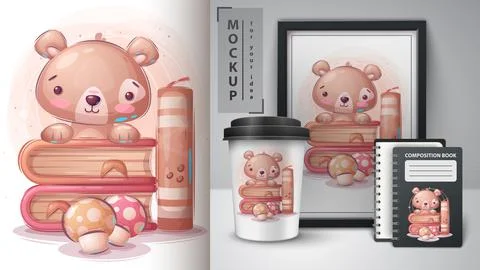 Teddy bear read book poster and merchandising. Stock Illustration