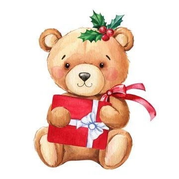 Teddy bear with red bow and Christmas present. Watercolor illustration. Design Stock Illustration