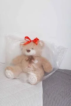 Teddy bear with red bow wrapped in cellophane gift wrap Stock Photos