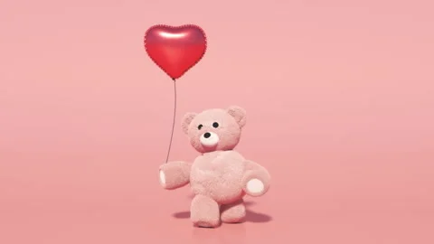 Teddy bear with red heart shaped balloon. on a pink screen. Toy bear walking Video stock 148342046