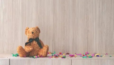 Teddy Bear on a romactic party table shelf copy space Stock Photos
