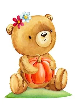 Teddy bear s with pumpkin on isolated white background. Watercolor illustration Stock Illustration