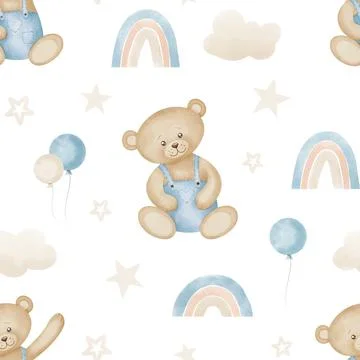 Teddy Bear seamless Pattern. Watercolor background with cute Toy, rainbows and Stock Illustration