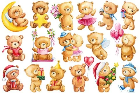 Teddy bear set, Cupid, gift, roses flowers and heart on isolated white Stock Illustration
