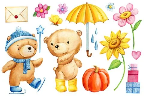 Teddy bear set elements on isolated white background. Watercolor illustration Stock Illustration