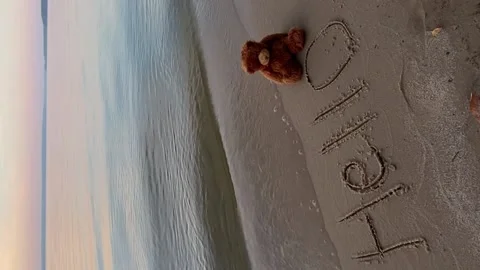 A teddy bear on the shore against the backdrop of waves at dawn Stock Footage 202957134