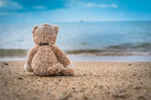 Teddy bear sit alone at the seashore Stock Photos