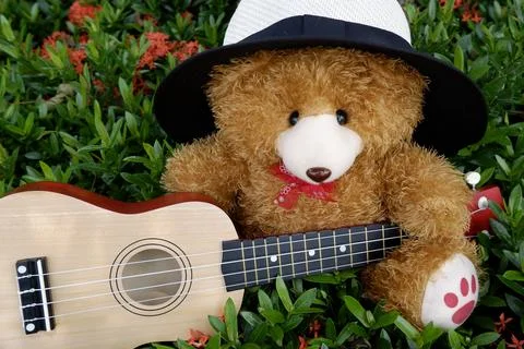 Teddy bear sitting and playing music in the flower garden Stock Photos