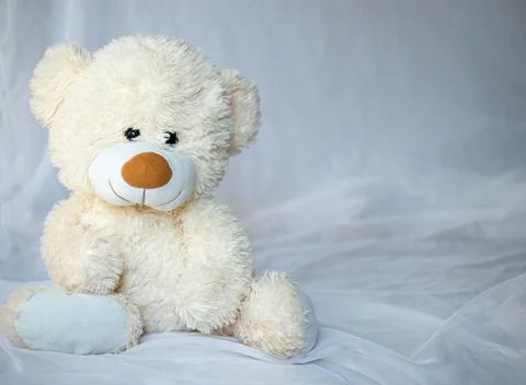 Teddy bear is sitting in bed Stock Photos