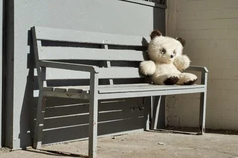 Teddy bear sitting on the bench Fotos de archivo