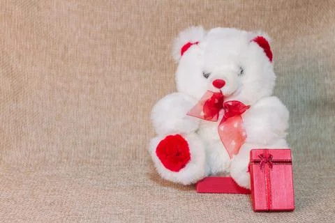 Teddy bear sitting on small red gift box Stock Photos