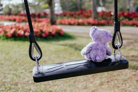 Teddy bear sitting on swing in park garden, concept for broken heart Stock Photos