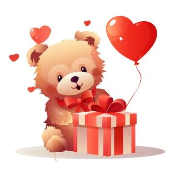 Teddy bear sitting with wrapped gift box happy valentines day celebration Stock Illustration
