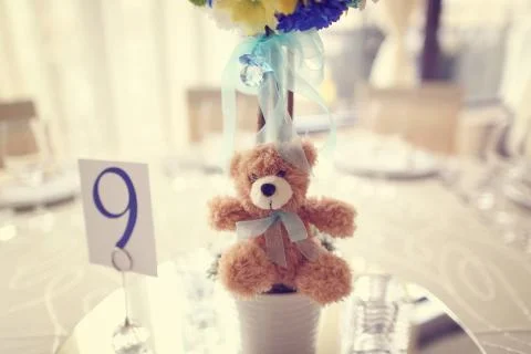 Teddy bear on table decor Stock Photos