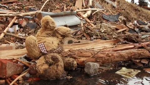 Teddy Bear In Tornado Wreckage And People Start Clean Up (HD) c Stock Footage 5504512