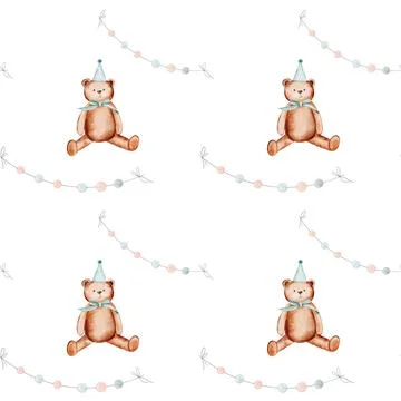Teddy bear toy pattern. Watercolor seamless illustration hand drawing. Drawing Stock Illustration