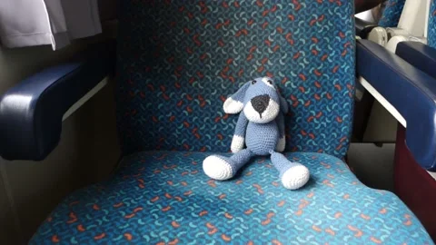 Teddy bear by train on a trip, sitting on the seat Stock Footage 159046113