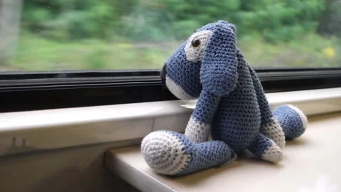 Teddy bear on a train trip, watching from the window Stock Footage 159023437