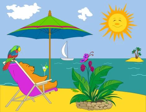 Teddy bear on a tropical beach Stock Illustration