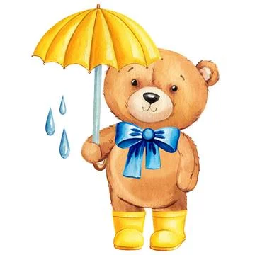 Teddy bear with umbrella design composition, Watercolor kid illustration for Stock Illustration