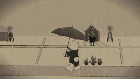 Teddy Bear with an Umbrella, Walking Through a Farm, Vintage Aesthetic Stock Footage 312434501