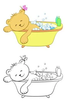 Teddy Bear Washes in the Bath Stock Illustration