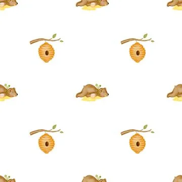 Teddy bear watercolor pattern seamless on white background. The kawaii animal is Illustrazione stock