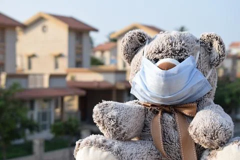 Teddy bear wearing protective face mask outside during home isolation Stock Photos