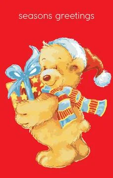 Teddy bear wearing Santa hat and holding gift box on red background. Stock Illustration